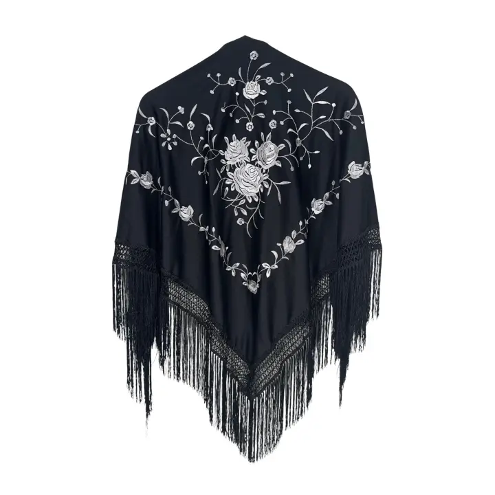 Mantón de manila de pico negro y blanco dibujo con rosas (160cm x 80cm sin fleco) - 1