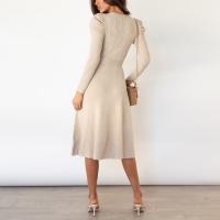 Vestido Casual Diario Para Mujer Con Mangas Burbuja Cintura Alta Ajustada Y Volante Medio Largo De Tejido Knit Moda Avanzada Y Única - details 18