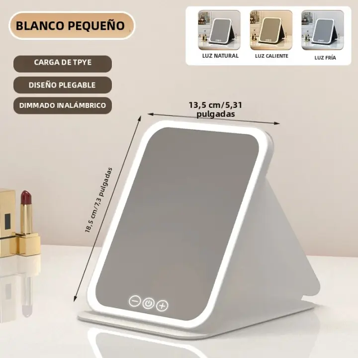 Espejo De Maquillaje LED Ajustable En 3 Modos De Luz Colores USB Cargable Plegable Para Viajes Y Hogar Espejo De Vestíbulo - 1