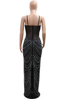 Beyprern Vestido Bodycon De Noche Dorado Con Perlas Y Diamantes Largo Para Fiesta Cumpleaños Año Nuevo Elegante Y Sexy - details 2