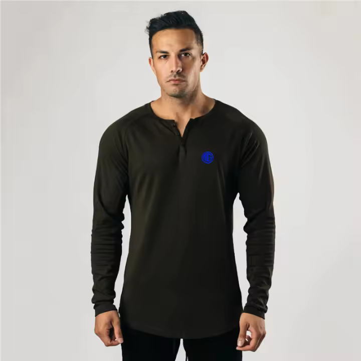 Mens Cotton T-Shirts Casual Long Sleeve Tops Pure Color V-neck Gym Workout Fitness T Shirts Male Casual Fashion Print Sportswear - 1