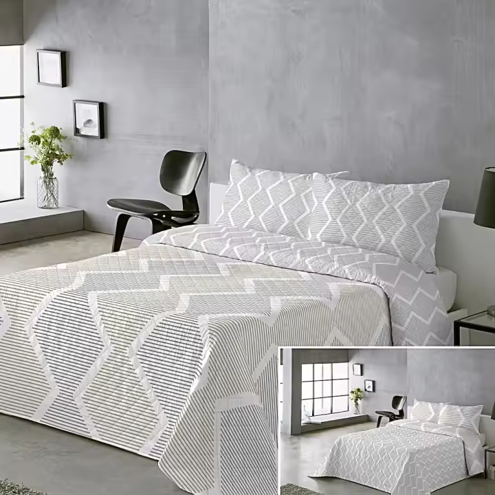 Colcha Doble Cara Primavera Verano Gris - Lunares y Sólido | Tallas Cama 90, 105(1 Funda) y Cama 135 150(2 Fundas) |  Termosellado Industrial | Incluye Fundas de Almohada  | Termosellada No hace bolitas y Fácil Planchado - 1