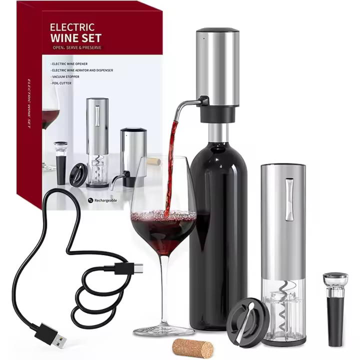 Sacacorchos Eléctrico 4 en 1 Juego de Regalo de Vino con Abridor de Vino Recargable, Vertedor Aireador de Vino Recargable - 1
