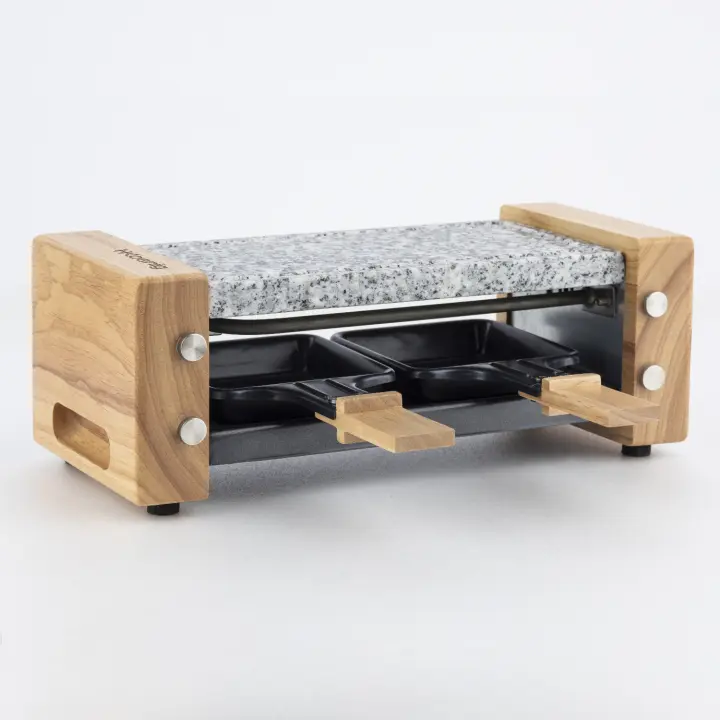 H.KOENIG Raclette 2 Personas, Plancha De Piedra Natural, 350 W, Acero Inoxidable, Madera, 2 Sartenes Antiadherentes, WOD2 - 1