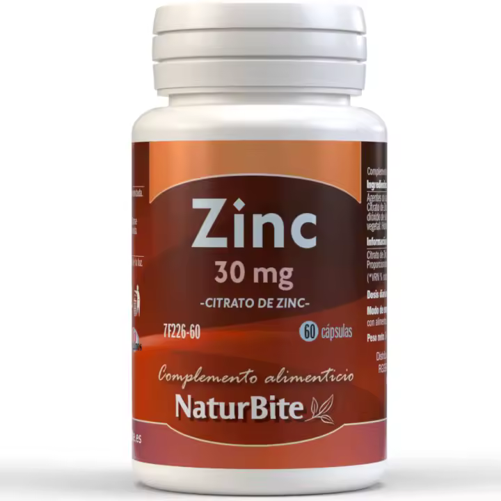 Citrato de Zinc 30mg, 60 ó 120 Capsulas. NaturBite. Refuerza sistema inmunitario, ayuda a mantenimiento piel, uñas y cabello. - 1