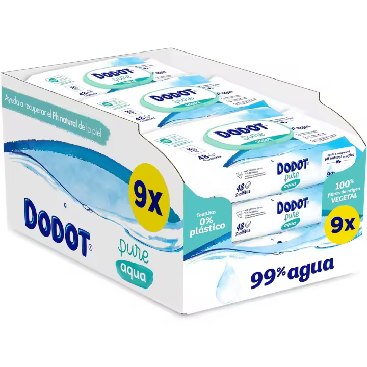 Dodot Toallitas Pure Aqua para Bebé, 99% Agua, 432 Toallitas, 9 Paquetes (9 x 48) de Toallitas para Bebé (formato de duplo) - 1