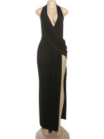 Vestido Maxi Sin Mangas Para Mujer Kliou Halter V-Neck Profundo Draped Bodycon Festival Fiesta Sin Espalda Cuello Alto Polyester Spandex - details 1
