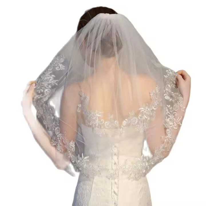 Velo De Novia Con Encaje Y Lentejuelas Corto 2 Capas Tulle Suave En Blanco Y Algodón Para Mujer Con Cinta En La Cintura - 1
