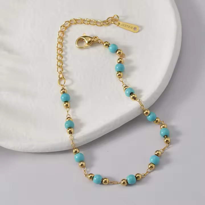 Pulsera De Acero Inoxidable Con Piedras Turquesa Y Borlas Para Mujer Plata De 18K Pintada Joyería De Playa Verano Regalos - 1