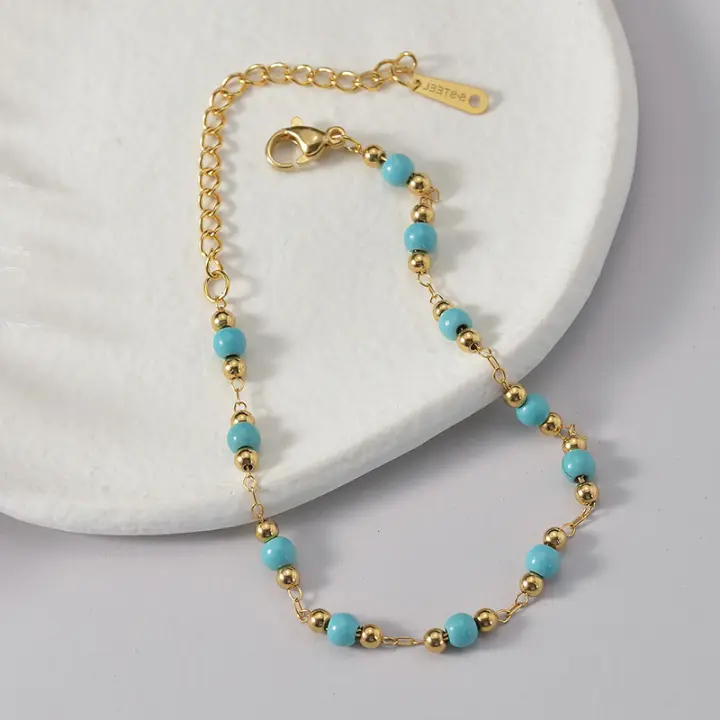 Pulsera De Acero Inoxidable Con Piedras Turquesa Y Borlas Para Mujer Plata De 18K Pintada Joyería De Playa Verano Regalos - 1