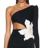 Vestido Bandage De Mujer De Largo Con Manga One Shoulder Decoración Floral Sexy Para Fiesta Y Noche Corte Midi Con Hueco - details 4