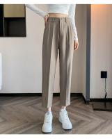 Pantalones De Trabajo Mujer Estilo Casual Cintura Alta Botones Talla Grande Color Caqui Largo Hasta El Tobillo Trasero Ancho - details 2