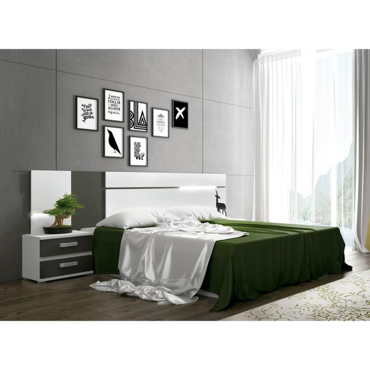 Conjunto Cabecero con Leds y 2 Mesitas de Noche, Dormitorio Matrimonio, Dormitorio Completo, Acabado en Blanco y Grafito – Meyvaser