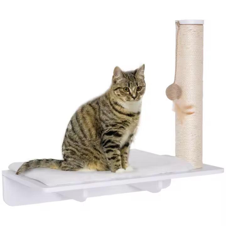 PawHut Rocódromo para gatos, rascador de pared, tumbona para gatos con rascador, estante para gatos de 53 cm con pelota de juguete, almohadilla de felpa, rascador para gatos, columna para gatos, blanco - 1