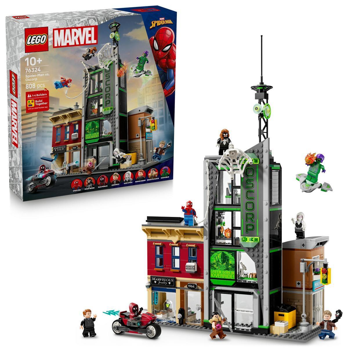 LEGO 76324 Marvel: Spider-Man vs. Oscorp, Set de Construcción con 8 Minifiguras y 3 Edificios, Ideal para Fans de los Superhéroes y Aventuras
