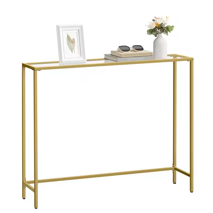 VASAGLE Mesa de Consola, Mesa de Entrada, Extremo del Sofá, Tablero de Vidrio Templado, Marco de Metal, Patas Ajustables, para Salón, Entrada, Pasillo, Dorado Pálido y Transparente/Negro ，Transparente - 1