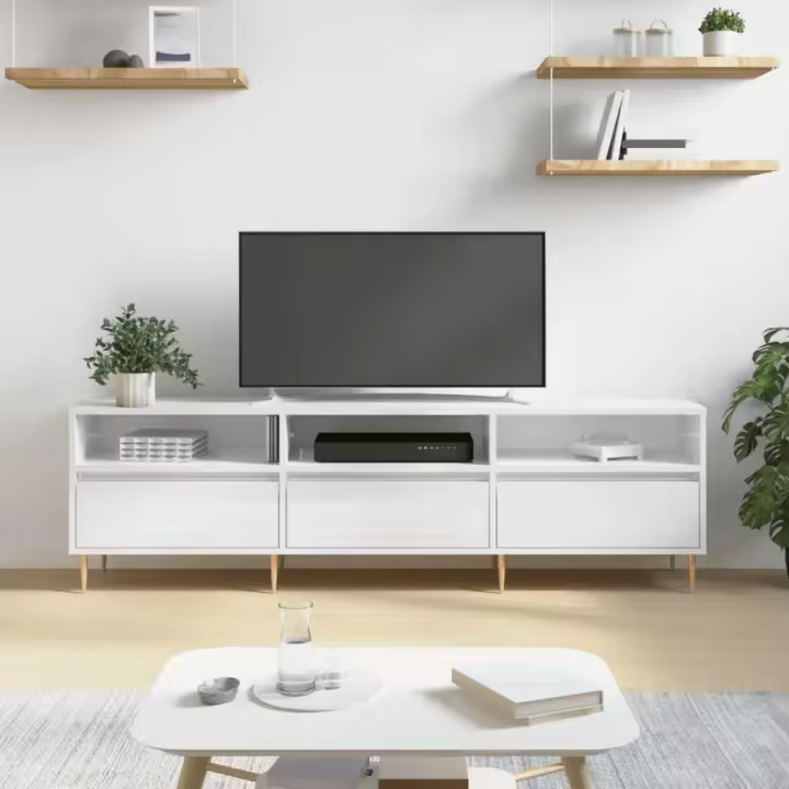vidaXL Mueble de TV madera contrachapada blanco brillo 150x30x44,5 cm - 1