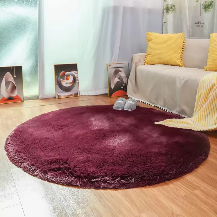 Alfombra Moderna para Sala De Estar, Alfombra Redonda Súper Suave para Dormitorio Terciopelo Mullido Alfombra Interior Suave Pelo Largo Cojín Decorativo para Silla Cojín para Sofá (Rojo Vino, 140x140cm)-Sunny - 1