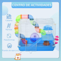 PawHut Jaula para Hámster 46x30x37 cm Casa para Hámster con Tubos Comedero Bebedero Rampa Rueda de Ejercicio y Asa Portátil para Interior y Exterior Azul y Blanco - details 3