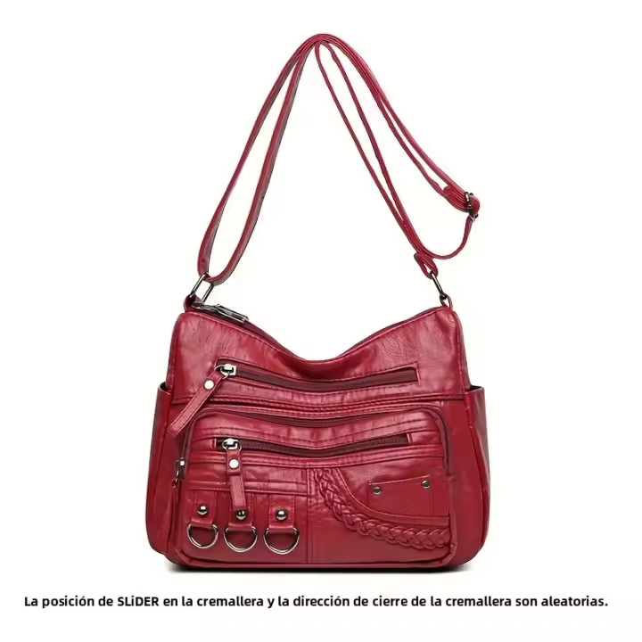 Bolso De Hombro Para Mujer En Cuero PU Vintage Con Varios Bolsillos Bolso De Mano De Alta Calidad Diseño Versátil Rojo Negro - 1