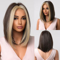 Pelucas Sintéticas Cortas Y Rectas Para Mujeres De Color Rubio a Marrón Ombre Con Flequillo Peluca Bob Resistente Al Calor Para Cosplay Diario Y Fiestas Falso Cabello Tamaño Promedio - details 11