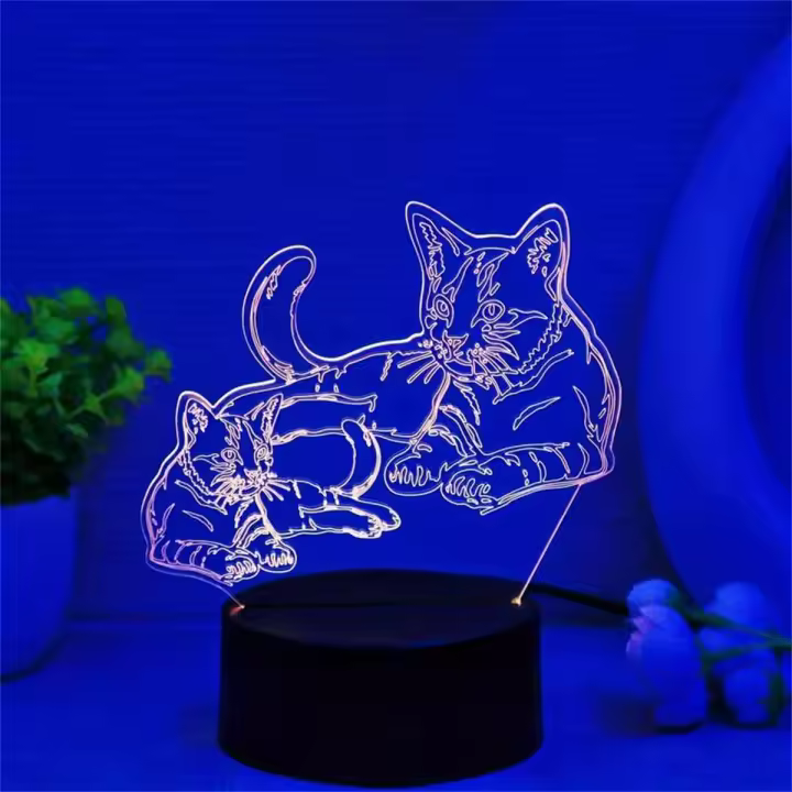 Lámpara De Noche 3D Con Ilusión Optica De Dos Gatos 7 Colores Cambiantes Luz Ambiental Para El Dormitorio Con Toque - 1