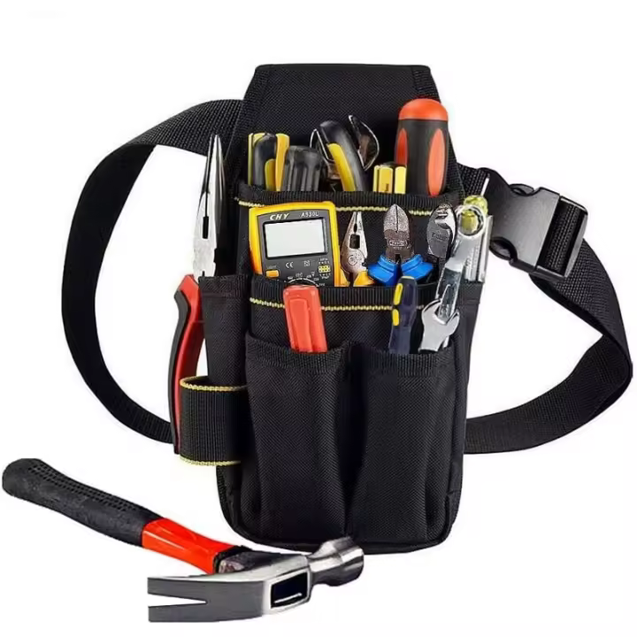 Bolsa de herramientas para cinturón profesional, 25,5 x 12,5 x 3 cm, negra, 14 bolsillos, material Oxford 900D impermeable de doble capa, para electricistas, personal de mantenimiento técnico, limpiadores - 1