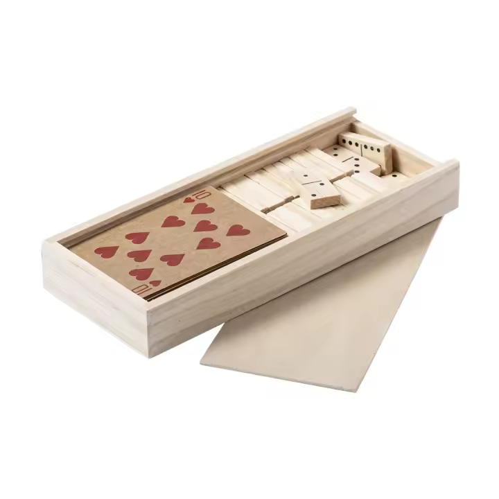 Lote de 10 Set de Baraja y Dominó en Caja Madera - Regalos de Madera detalles y recuerdos invitados comuniones cumpleaños - 1