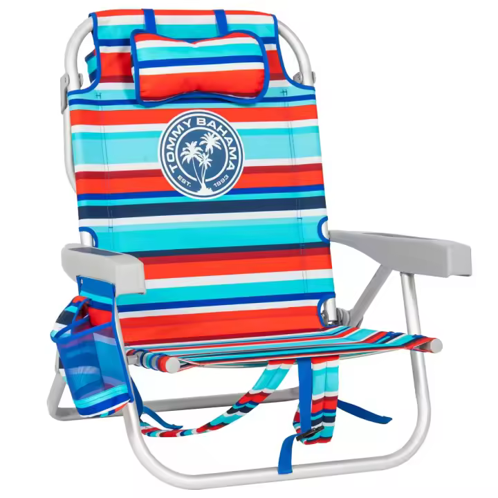 Silla de Playa Tommy Bahama Reclinable 5 Posiciones - Hamaca de Playa Tommy Bahama Reclinable 5 Posiciones - Tumbona Plegable, Ligera y Resistente, Con Mochila, Almohada, Portavasos y Bolsillos Térmico - Aluminio y Poliéster - 1