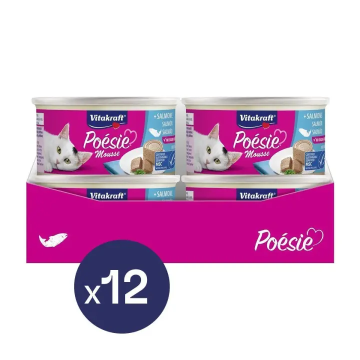VITAKRAFT - Poésie Comida Húmeda para gatos textura Mousse sabor pato /pollo/ salmón o ternera (Pack de 12 latitas x 85g) - 1