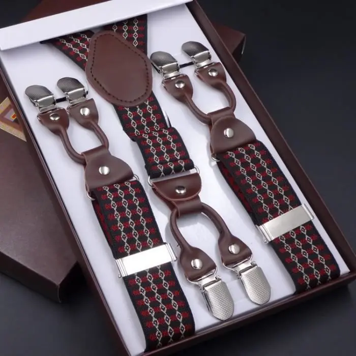Tirantes para hombre - Forma de Y - Rojo - Talla ajustable - 6 clips - 1