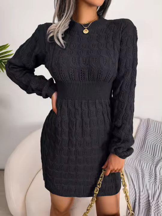 Vestido De Suéter De Punto Para Mujer Otoño Invierno Casual Manga Larga Colores Negro Blanco Azul Ajustado Cuello En V - 1