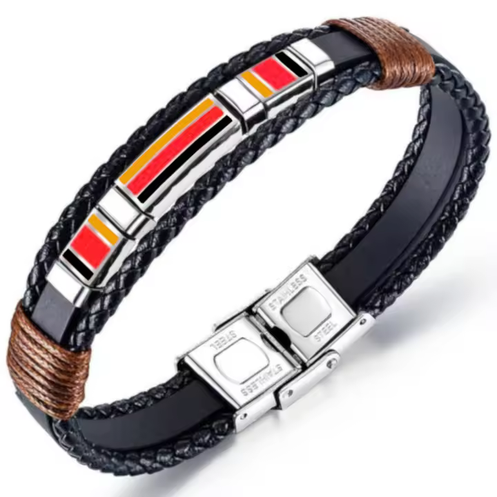 Pulsera de Alemania Cuero Triple Bandera Cierre de Seguridad Acero Inoxidable Ajustable Pulsera Alemana Unisex - 1