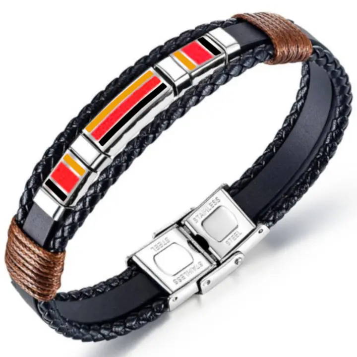 Pulsera de Alemania Cuero Triple Bandera Cierre de Seguridad Acero Inoxidable Ajustable Pulsera Alemana Unisex - 1