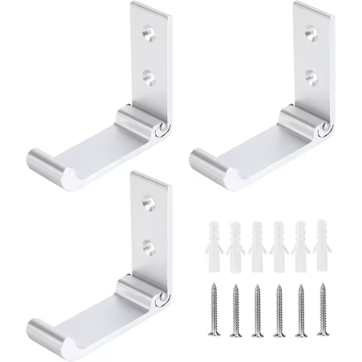 Ganchos de pared plegables, 3 ganchos individuales de aleación de aluminio para ropa, soporte creativo para auriculares de pared, soporta hasta 15 kg (plateado) - 1