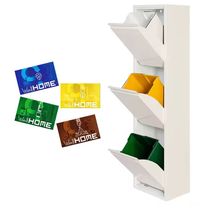 Cubo de Basura y Reciclaje Metálico Wellhome 3 Compartimentos + 4 Etiquetas Magnéticas - 1