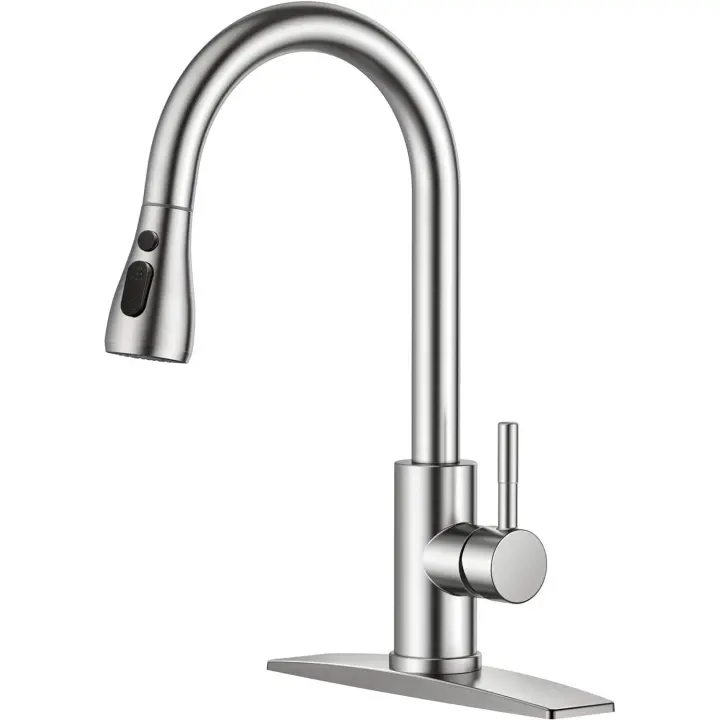 Grifo de fregadero de Cocina Con rociador desmontable, de una sola Manija con diseño de Arco Alta, de Maple inoxidable, Con rociador extraible, Níquel cepillado - 1