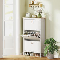 HOMCOM Mueble Zapatero Estrecho Zapatero Entrada Recibidor con 3 Cajones Abatibles Estantes Ajustables y Tiradores de PU para 21 Pares de Zapatos para Pasillo 80x24x131 cm Blanco - details 1