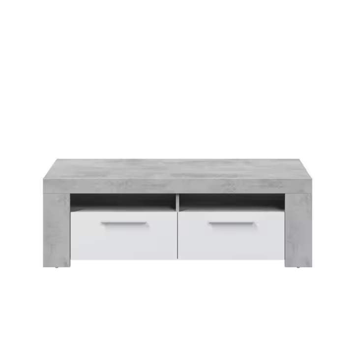 Meimon Mueble TV AMBIT con 2 puertas, 2 huecos superiores con pasacables, tiradores metálicos efecto cromo, patas y tacos ABS, acabado en Blanco Artik y Cemento, estructura en tablero melaminizado E1 de 15 mm, medidas 120x42x40 cm, soporte 40 kg - 1