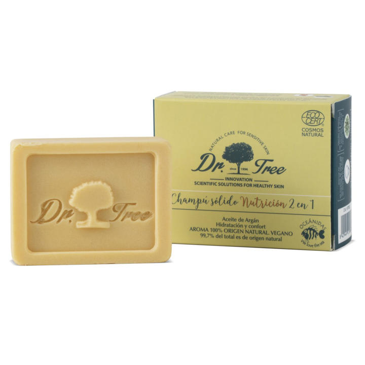 Dr. Tree Champú Sólido 2 En 1 Nutrición, Champú + Acondicionador Ecológico, Cabello Dañado Y Quebradizo, Sin Sulfatos SLE, SLS, Sin parabenos, Sin siliconas, Ingredientes Naturales, Ecocert