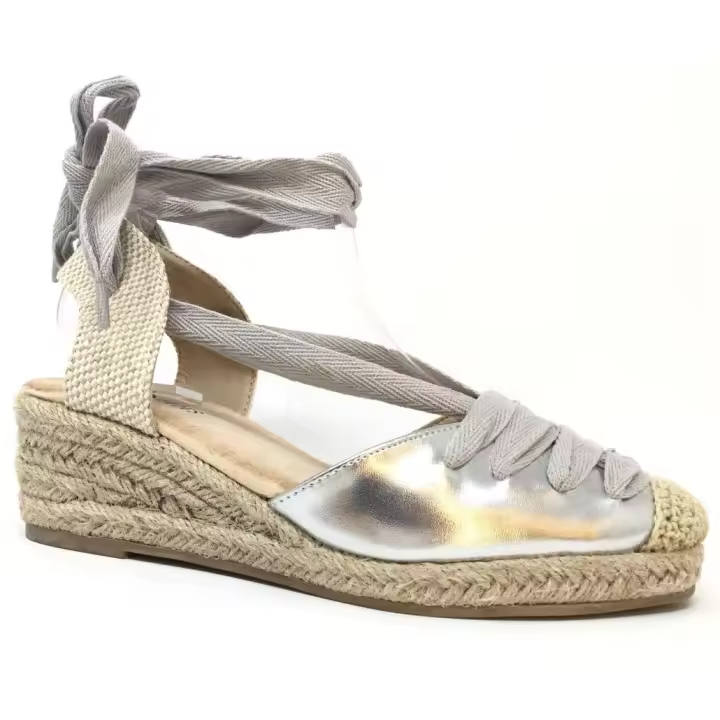 Sandalia Cuña Mujer, Alpargata Con Plataforma, Plata, Tacón Bajo Cómodos, Primavera Verano 2023, Cordones en el Tobillo - 1