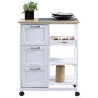 Carro de cocina con ruedas, práctico carro de servicio con 3 cajones y 3 niveles de almacenamiento, encimera de madera, estilo rústico en elegante blanco, isla de cocina 67x37x84 cm para optimizar tu espacio, Anaterra - details 2