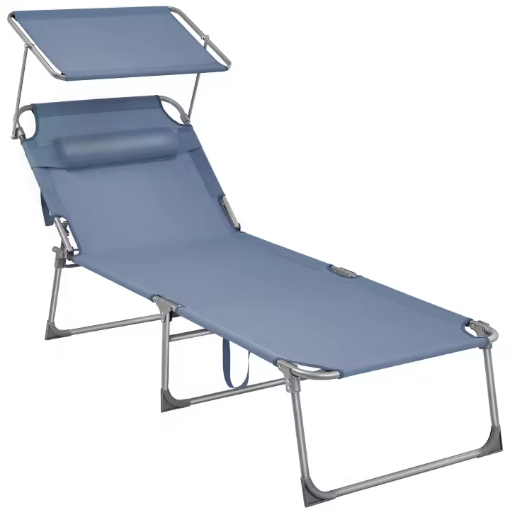 SONGMICS Tumbona, Tumbona Plegable, Tumbona Reclinable, 71 x 200 x 38 cm, Carga de 150 kg, con Reposacabezas Protección Solar y Respaldo Ajustable, para Terraza Piscina Jardín, Greige/Azul/Topo - 1