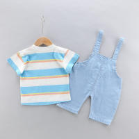 Conjunto De Ropa Para Bebé De Verano Con Overalls De Denim Y Camiseta Corta Casual Unisex Algodón Y Poliéster Estilo O-Neck - details 6