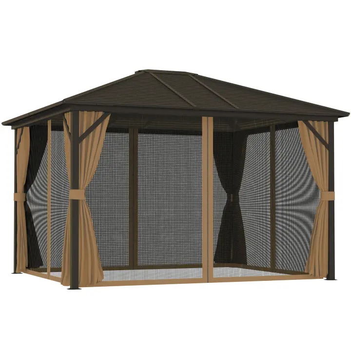 Outsunny Cenador para Jardín 3x3,6 m Pérgola de Jardín Gazebo con Doble Techo 4 Paredes Laterales 4 Mosquiteras Anti-UV y Marco de Aluminio Carpa para Exterior Terraza Patio Café - 1