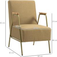 Butaca de Dormitorio Sillón Individual con Reposabrazos Marco de Acero Dorado Estilo Moderno para Salón Marrón Claro - details 2
