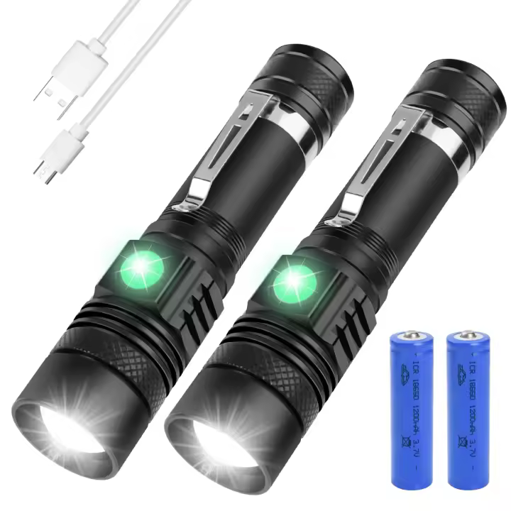 El interior recargable por USB, 2 linternas LED, 3 Modos, impermeable, a prueba de Golpes y con Zoom, con 2 baterías 18650 y Cargador USB para el hogar, camping E iluminación de emergencia. - 1