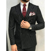 Traje Elegante Para Hombre Con Rayas Y Cuello En Pico Doble Botones Negro Slim Forma De Boda Chic Traje De Novio 2 Piezas 012D - details 1