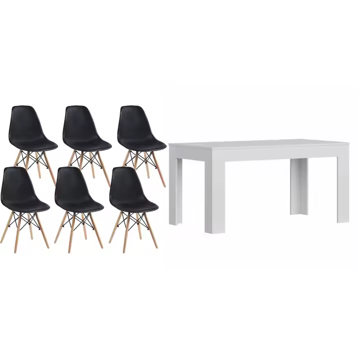 Mesa Extensible de Comedor o Cocina Blanco + 6 Sillas Estilo Nordico Negro - 1