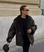 TRAFZA Chaqueta De Moda Invierno Para Mujer Marrón Oscuro Con Bolsillos Y Cuello En V Estilo Retro Elegante Con Botones - details 5